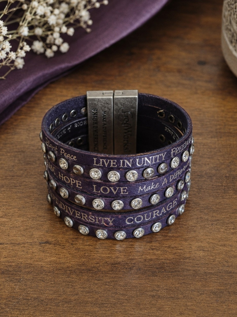 Good Works Deep Plum Leather Inspirational Multi Strand Cuff Bracelet OS